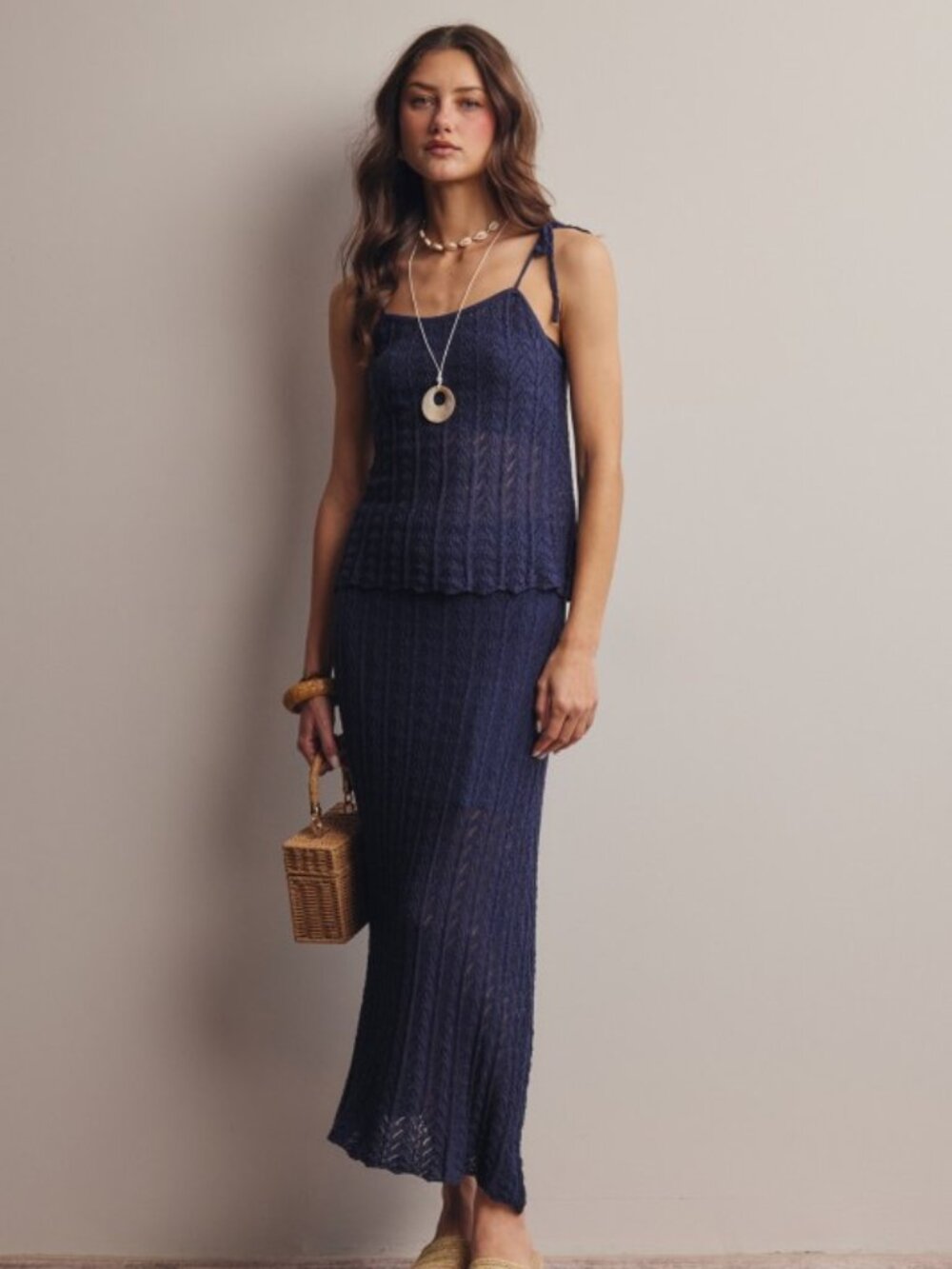 Pointelle Knit Midi Skirt in Navy Blue